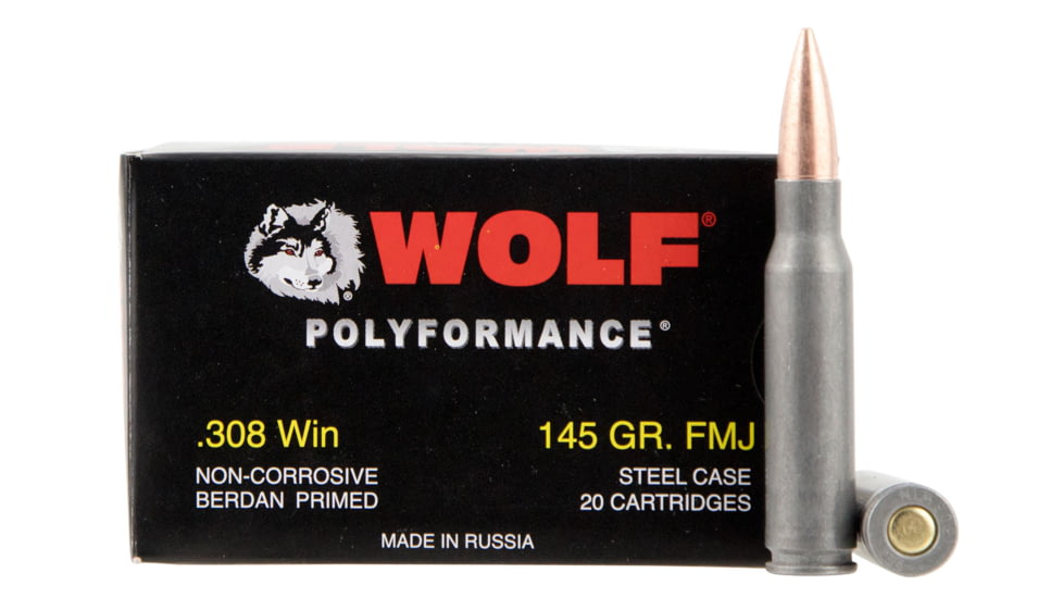 Wolf PolyFormance, .308 Winchester, 145 grain, FMJ, Steel Cased Centerfire Rifle Ammo, 20 Rounds, 308FMJ
