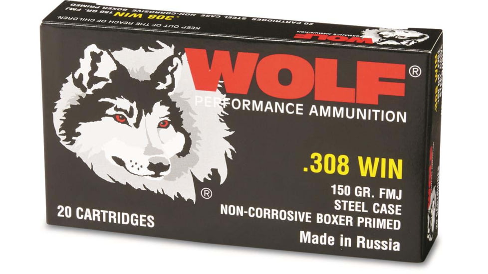 Wolf Ammo .308 Winchester 150 Grain Full Metal Jacket Steel Rifle Ammo , 20 Rounds, Bimetal, 308WFMJ