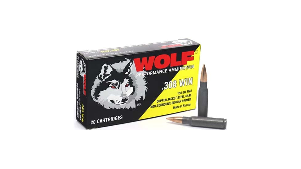 Wolf Ammo .308 Winchester 150 Grain Full Metal Jacket Steel Rifle Ammo , 20 Rounds, Copper, 308WCFMJ