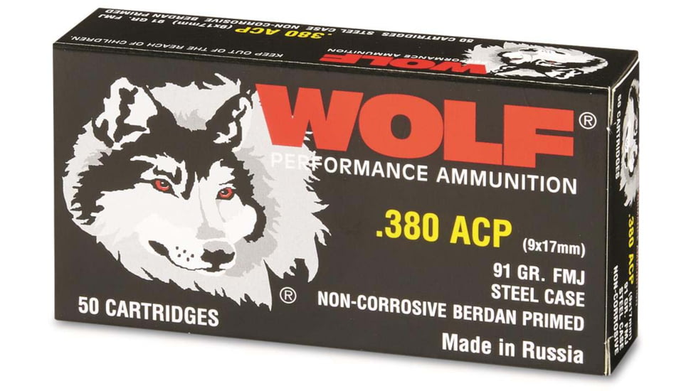 Wolf Ammo .380 ACP 91 Grain Full Metal Jacket Steel Pistol Ammo , 50 Rounds, 917WFMJ