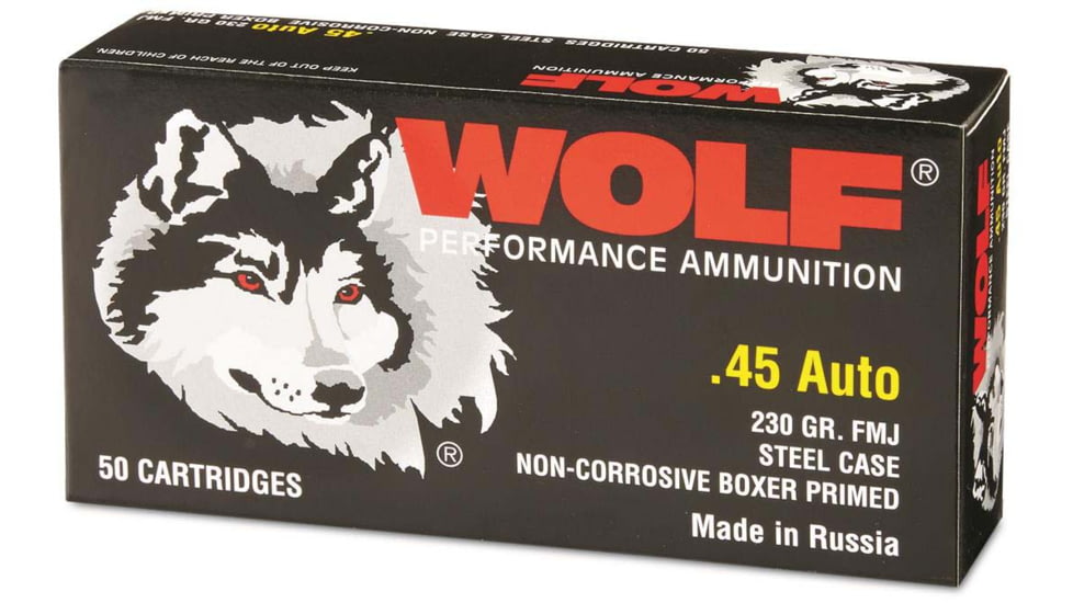 Wolf Ammo .45 ACP 230 Grain Full Metal Jacket Steel Pistol Ammo , 50 Rounds, 45WFMJ