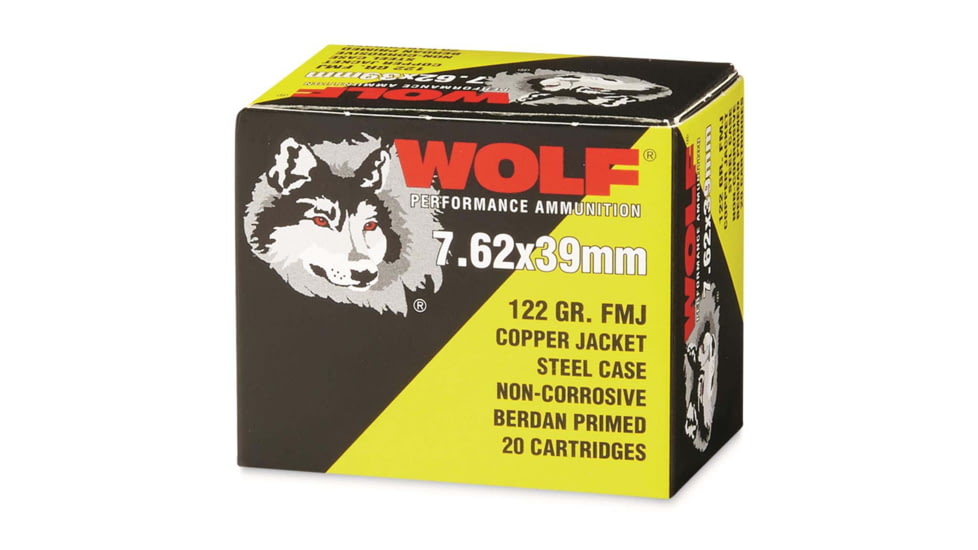 Wolf Ammo 7.62x39mm 122 Grain Full Metal Jacket Steel Rifle Ammo , 20 Rounds, Copper, 762WCFMJ