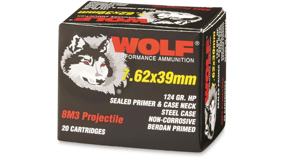 Wolf Ammo 7.62x39mm 124 Grain Hollow Point Steel Rifle Ammo , 20 Rounds, 762W8M3