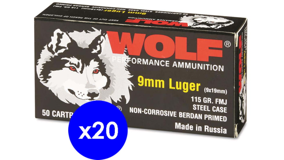 Wolf Ammo, 9mm Luger 115 grain Full Metal Jacket Steel Centerfire Pistol Ammo, 1000 Rounds