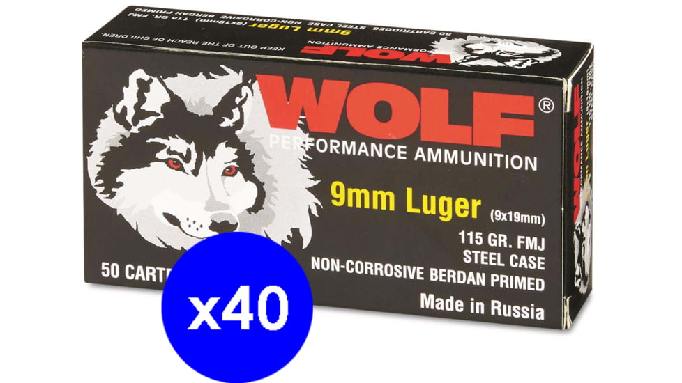 Wolf Ammo, 9mm Luger 115 grain Full Metal Jacket Steel Pistol Ammo, 2000 Rounds