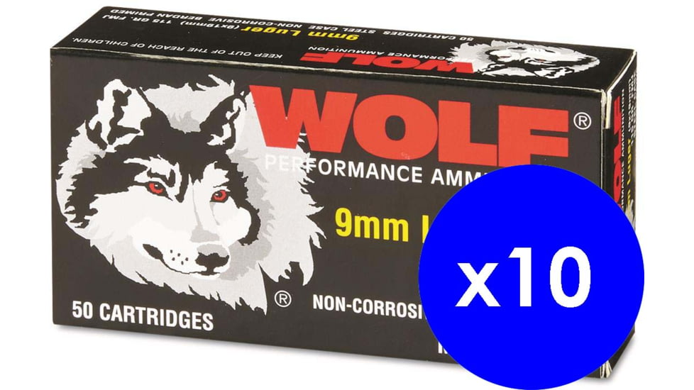 Wolf Ammo, 9mm Luger, 115 grain, Full Metal Jacket, Steel, Pistol Ammo, 500 Rounds, 919WFMJ