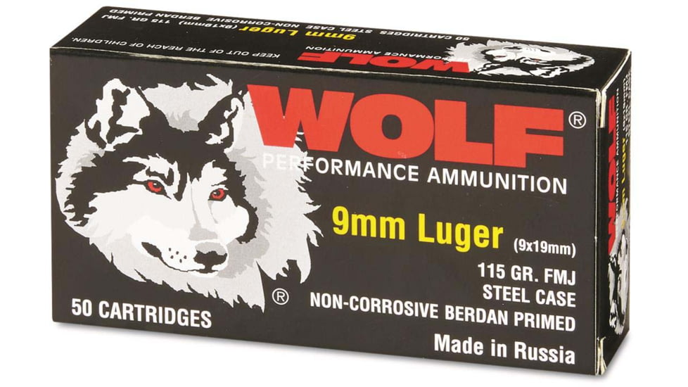 Wolf Ammo 9mm Luger 115 grain Full Metal Jacket Steel Casing Pistol Ammo,50 Rounds, 919WFMJ