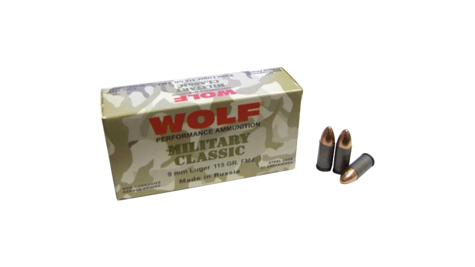 Wolf Ammo Miltary Classic Handgun Ammo 9mm Luger 115 gr FMJ 1150 fps 50/box, MC919FMJ