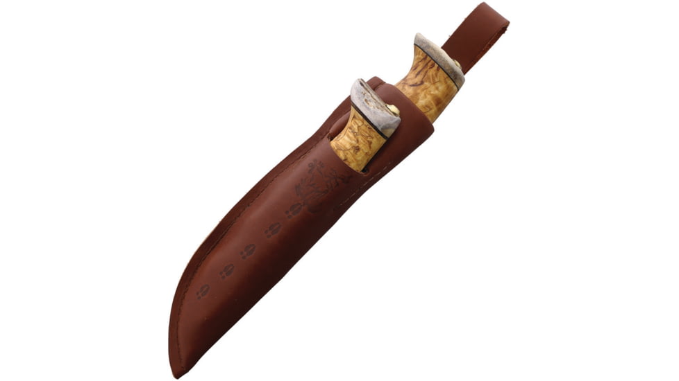 Wood Jewel Curly Fixed Blade Knife Set, 8.25in Overall w/ 3.5in Blade, 7.5in Overall w/ 3in Carbon Steel Blade, Curly Birch Handle, Leather Sheath, 23NA