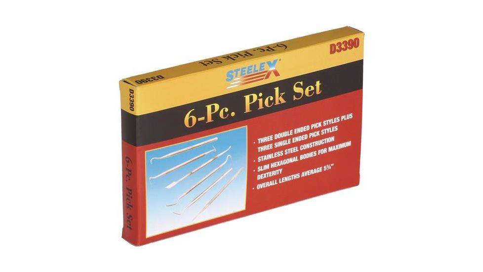 Steelex Stainless Steel Dental Pick Set, 9 Different Pick Styles, Slim Hexagonal Bodies, 6 pc., 5.75 in. Average Tool Length D3390