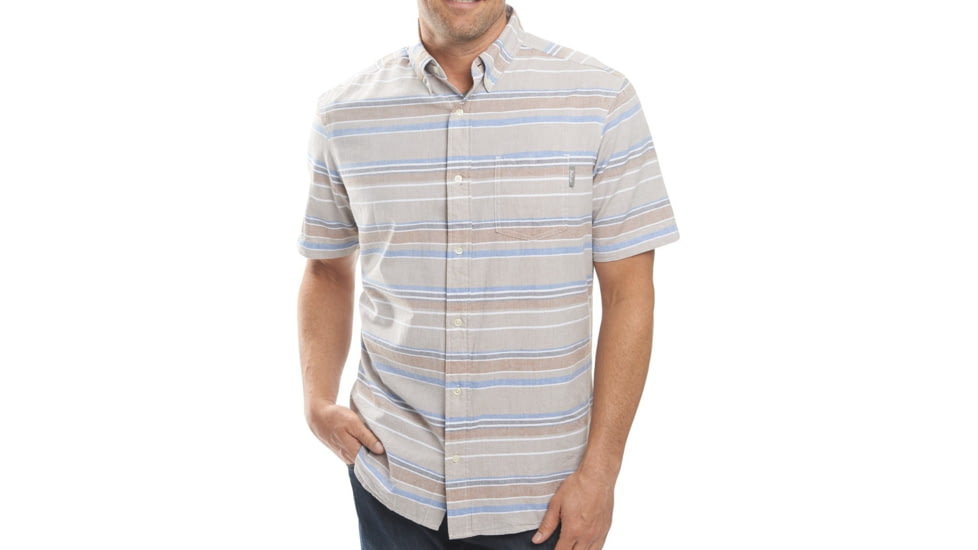 Woolrich Seaport Oxford Yarn-Dye Short Sleeve - Mens-Khaki Strip-Large