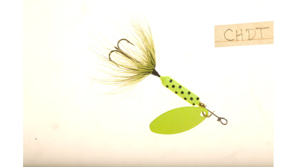 Wordens Rooster Tail In-Line Spinner, 2 1/4in, 1/8 oz Treble Hook, Chartreuse Dot Glitter, 208-CHDT-G