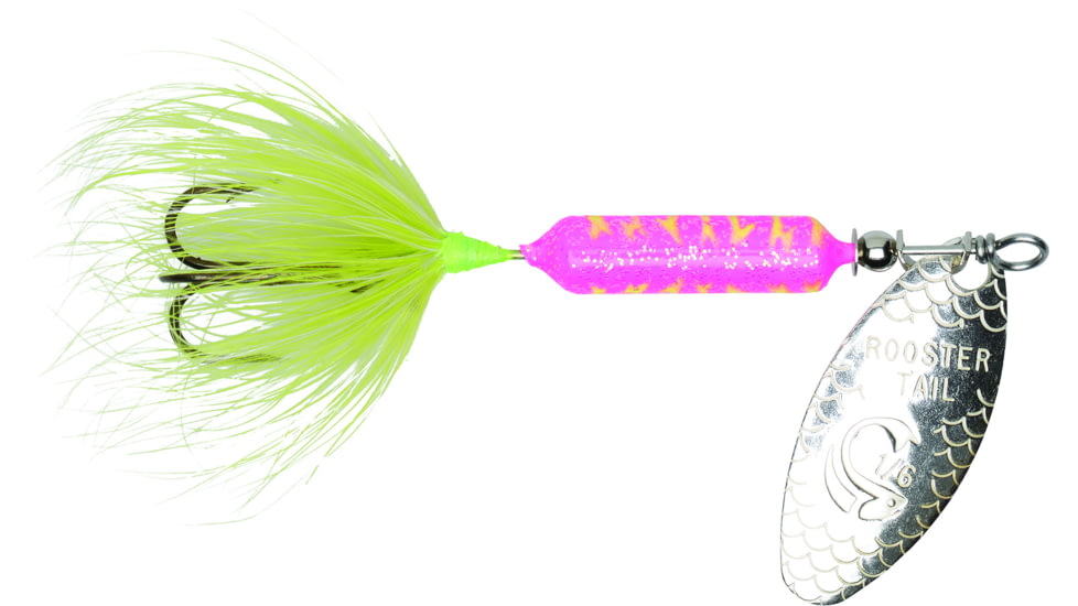 Wordens Rooster Tail In-Line Spinner, 2 1/4in, 1/8 oz Treble Hook, Glitter Pink Chartreuse Tiger, 208-GPCT