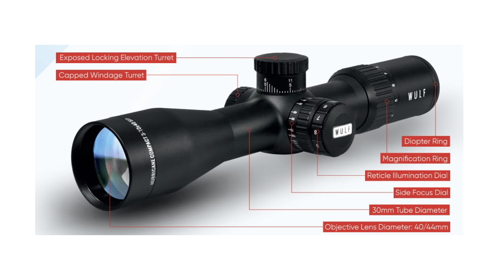 Wulf Optics Hurricane Compact 3-10x40mm 30mm Tube Rifle Scope, Second Focal Plane, W-MIL1 Illuminated Reticle, Black, WU9114