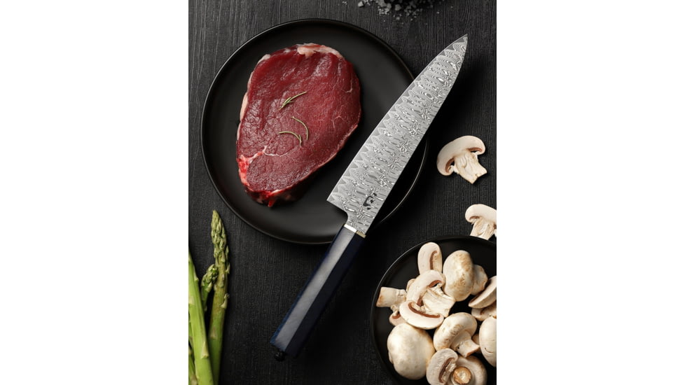 Xin Cutlery Tail Pin Chef's Knife, 12.88in Overall, 8in Acid Etched Damascus Steel Blade, Blue Stabilized Spalted Maple Wood Handle, XC132