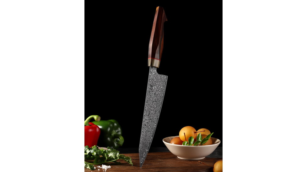 Xin Cutlery 14.5in Acid Etched Japanese Style Chef's Knife, 14.5in Overall, 9in Acid Etched Damascus Steel Blade, Rosewood/Buffalo Horn/G10 Handle, XC117