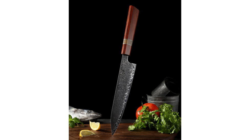 Xin Cutlery 14.25in Mirror Japanese Style Chef's Knife, 14.25in Overall, 9in Blade, Mirror Damascus Steel Blade, Rosewood/Buffalo Horn/Nickel Silver Handle, XC119