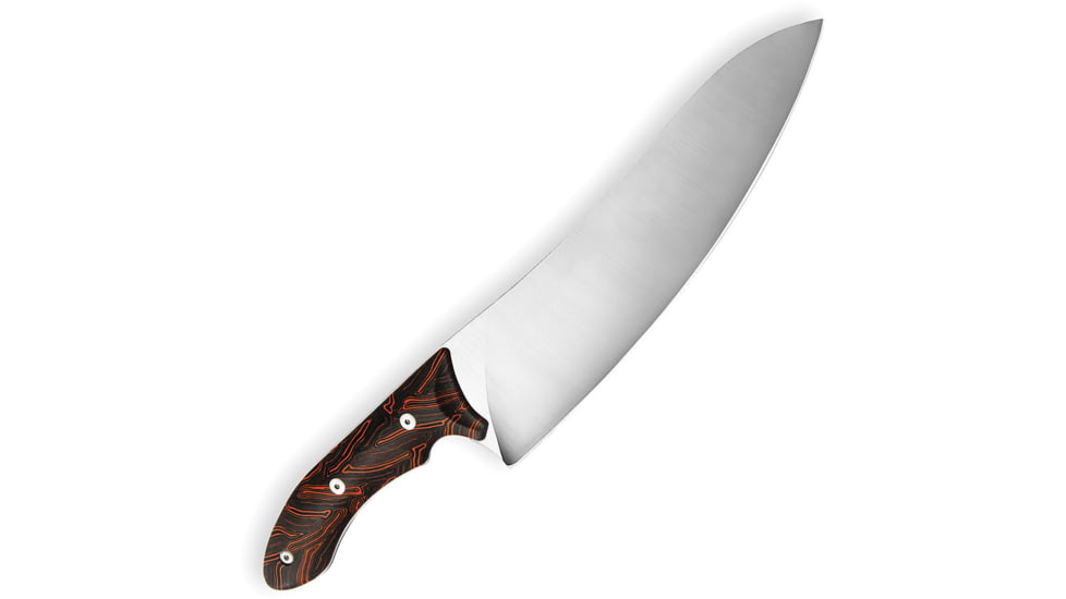 Xin Cutlery Tactical Style Chef's Knife, 14.25in Overall, 8in Satin Powder Alloy Steel Blade, Black/Orange G10 Handle, Leather Sheath, XC143