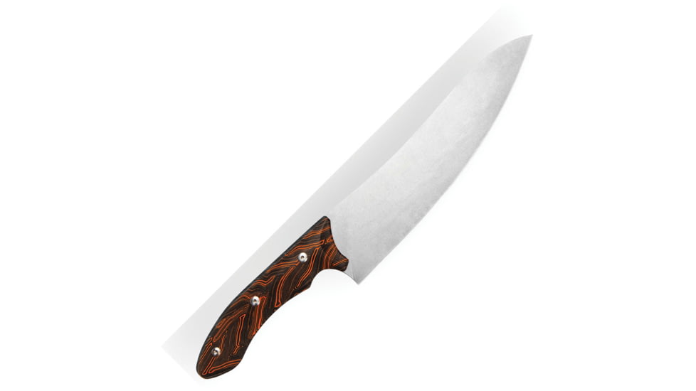 Xin Cutlery Tactical Style SW Chef's Knife, 14.25in Overall, 8in Stonewash Powder Alloy Steel Blade, Black/Orange G10 Handle, Leather Sheath, XC144