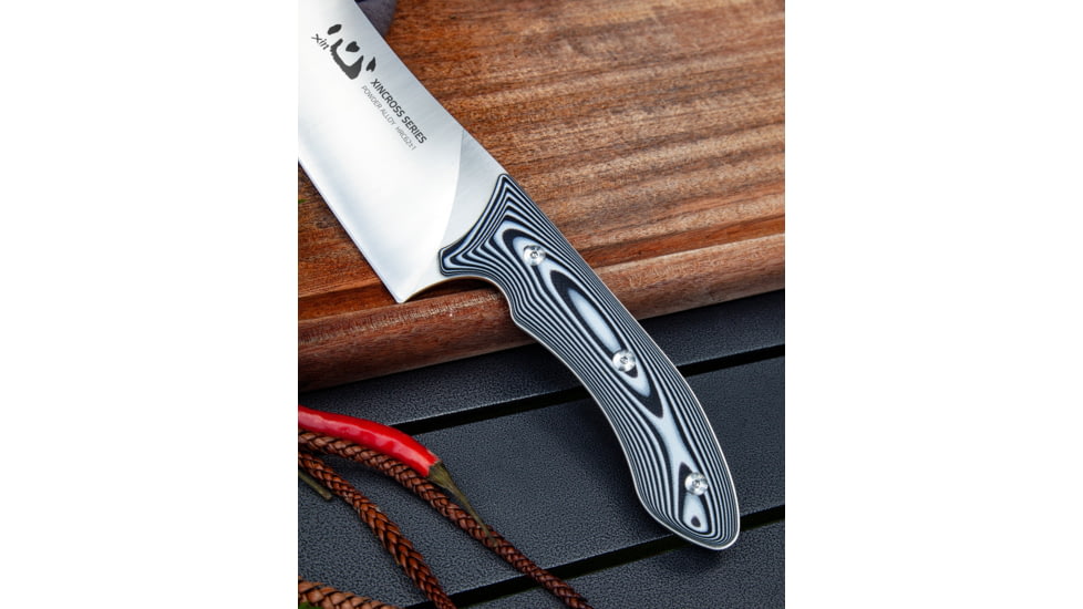 Xin Cutlery XinCross Tactical Chef's Knife, 14.25in Overall, 8in Satin Special Powder Alloy Blade, Black/White G10 Handle, Leather Sheath, XC110