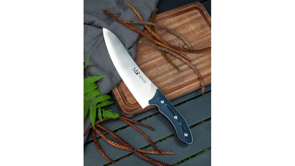 Xin Cutlery XinCross Tactical Chef's Knife, 14.25in Overall, 8in Satin Special Powder Alloy Blade, Black/Blue G10 Handle, Leather Sheath, XC112