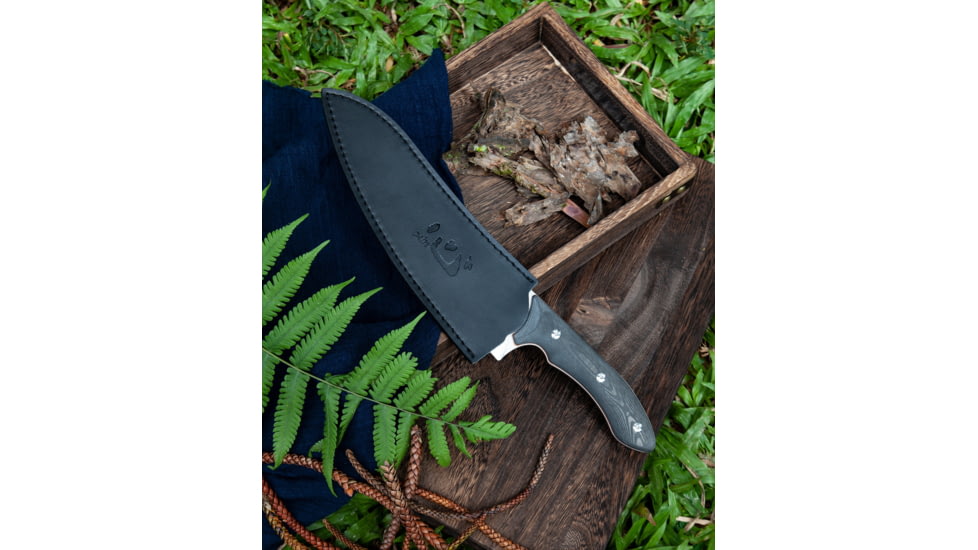 Xin Cutlery XinCross Tactical Chef's Knife, 14.25in Overall, 8in Stonewash Special Powder Alloy Steel Blade, Carbon Fiber Handle, Leather Sheath, XC115