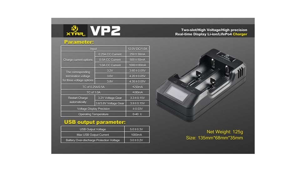 XTAR VP2 Full Set,Precision Display Charger for 3.6V/4.2V/4.35V Lion Batteries XTAR-VP2