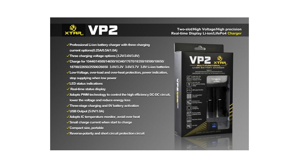 XTAR VP2 Full Set,Precision Display Charger for 3.6V/4.2V/4.35V Lion Batteries XTAR-VP2