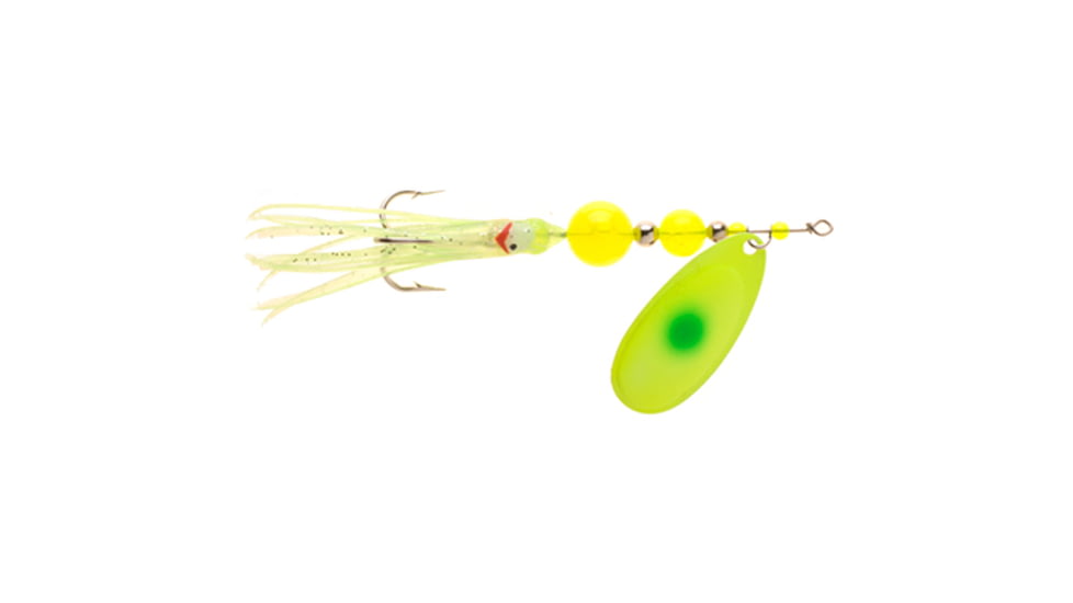Yakima Bait Flash Glo UV Squid Casting Spinner, 1/2 oz Chartreuse Green Dot with Chartreuse Squid, 1136U-CGD