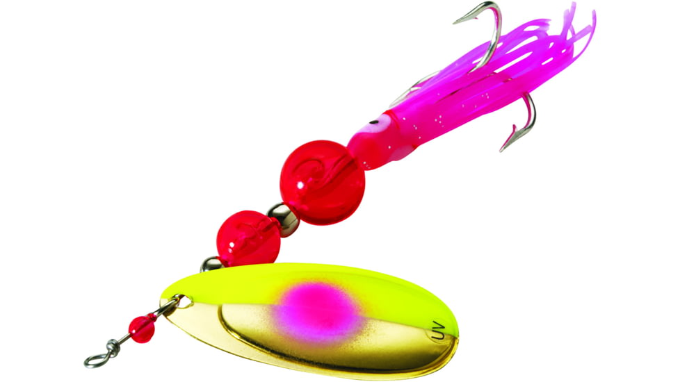 Yakima Bait Flash Glo UV Squid Casting Spinner, 3 1/2in Chartreuse Green Dot with Chartreuse Squid, 1125U-CGD