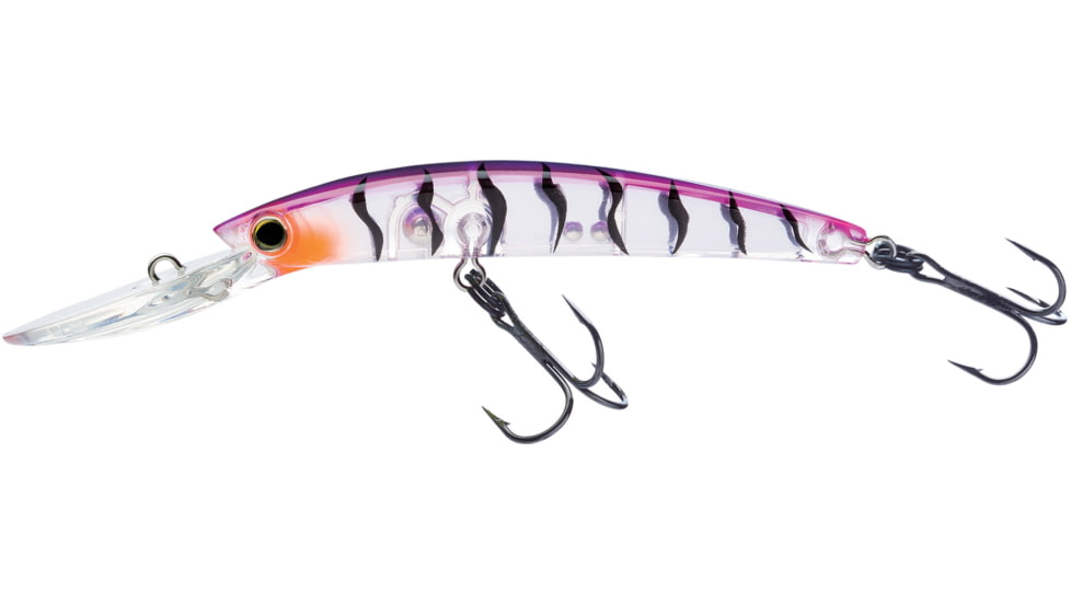 Yo-Zuri Crystal Minnow Deep Diver Walleye Trolling Bait 9/16oz 4-3/8in 10ft #2 Hooks, Purple Tiger, R1206PT