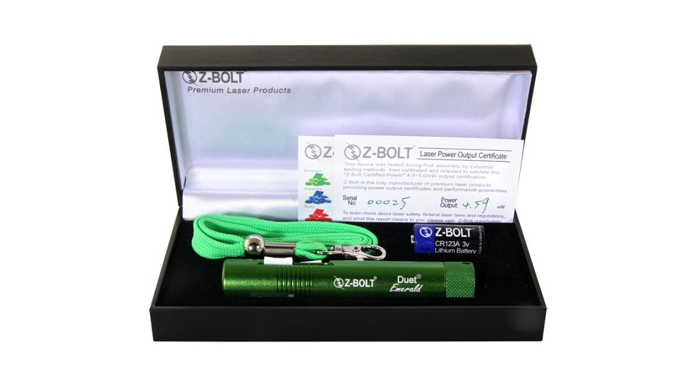 Z-Bolt D-5-G Duet Emerald Blue Pointer, Tru Green Laser, Dual Switch, FDA Class 2, Green, Small, D-5-G-2
