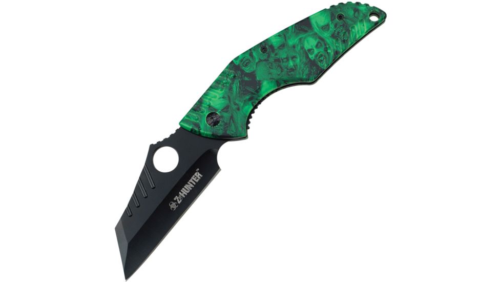 Z-Hunter Linerlock Green Skull A/O Folding Knife,3.5in,Tanto,Black and Green,Aluminum Handle ZB088GN
