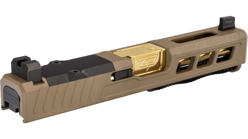 Zaffiri Precision ZPS3 Ported Glock 19 Gen 3 Complete Pistol Slide, PVD, Flat Dark Earth/Gold, G19G3-ZPS3-RMR-FDE-TP-GLD