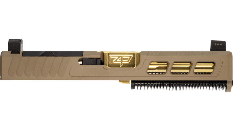 Zaffiri Precision ZPS3 Ported Glock 19 Gen 3 Complete Pistol Slide, PVD, Flat Dark Earth/Gold, G19G3-ZPS3-RMR-FDE-TP-GLD