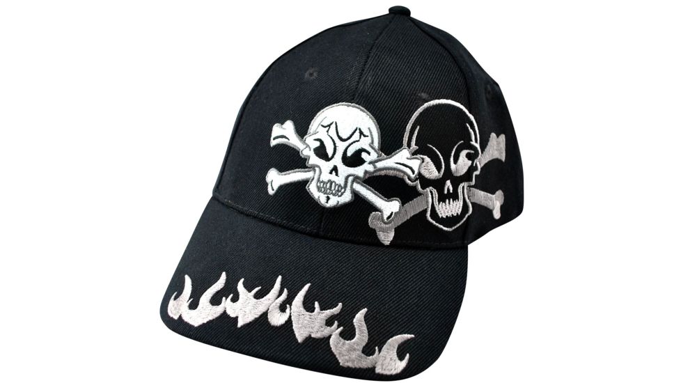 Zan Headgear 3-D Embroidered Black Cap Crossbones Flame Detail CPA136
