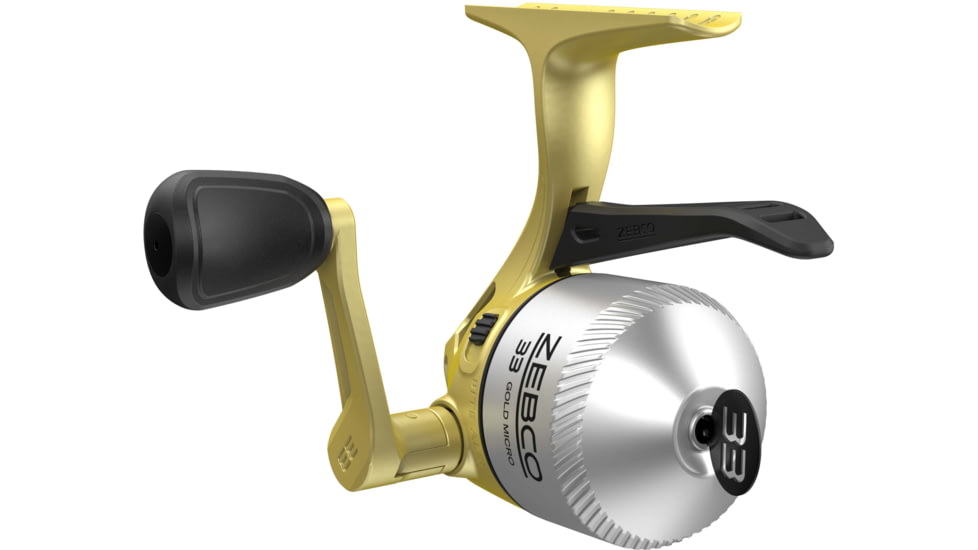 Zebco 33 Gold Micro Trigger Spincast Reel, SZ 10 Reel, Changeable Righ/Left Retrieve, Durable All-Metal Gears, Pre-Spooled w/ 4lb Zebco Cajun Line, Silver/Gold, 33MTNGOLD.BX6