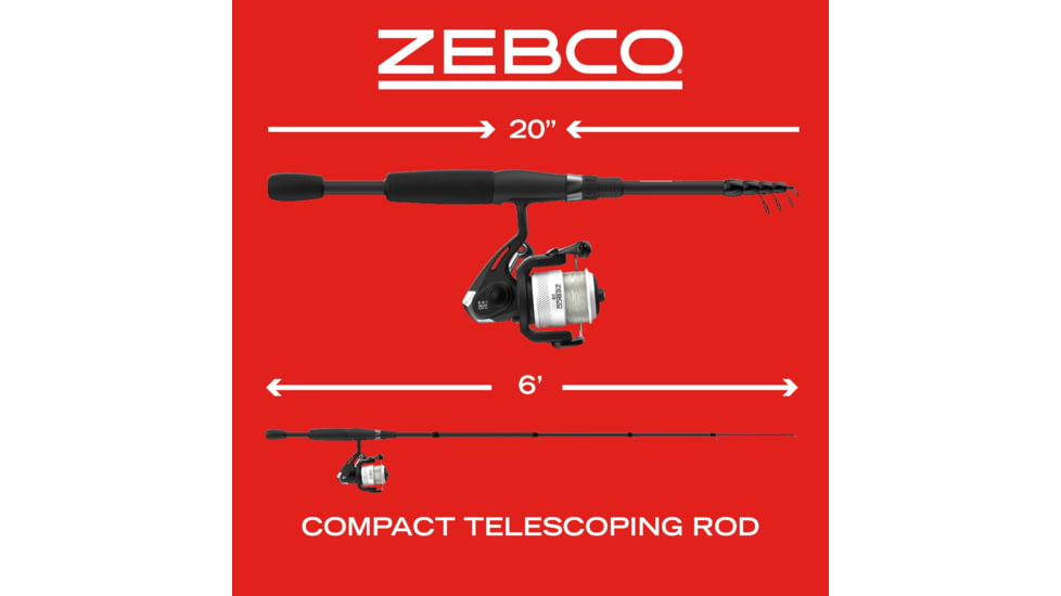 Zebco 33 Spinning Reel and Telescopic Rod Combo, Extendable 20in to 6ft Fiberglass Pole, EVA Rod Handle, SZ 20 Reel, Aluminum Spool, QuickSet Anti-Reverse, Silver/Black, 33SP605MTELA.FB4