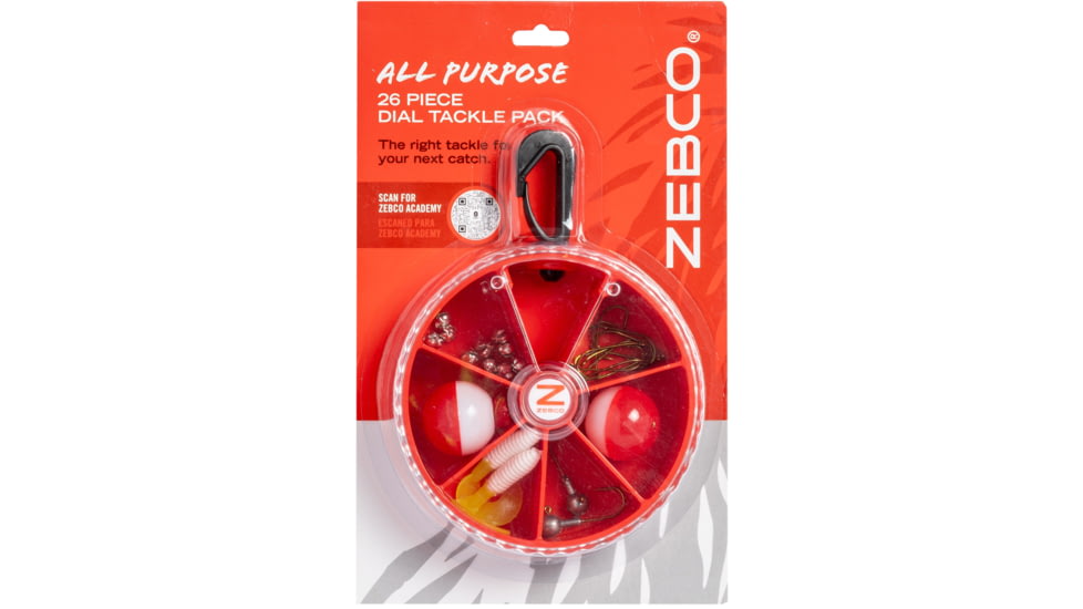 Zebco All Purpose Fishing Tackle Dial Pack, 26 Total Pieces, Hooks, Sinkers, Bobbers, Jig Heads, Grubs, 360-Degree Rotating Carabiner, Rotating Locking Clear Plastic Lid, Red, ZAPDIALPACK.CP4