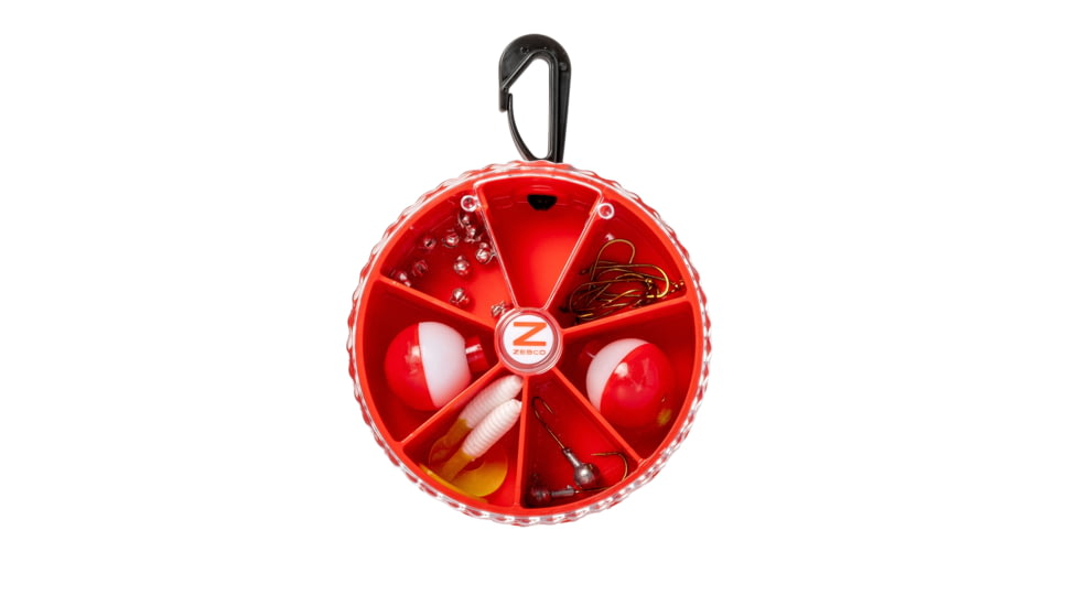 Zebco All Purpose Fishing Tackle Dial Pack, 26 Total Pieces, Hooks, Sinkers, Bobbers, Jig Heads, Grubs, 360-Degree Rotating Carabiner, Rotating Locking Clear Plastic Lid, Red, ZAPDIALPACK.CP4