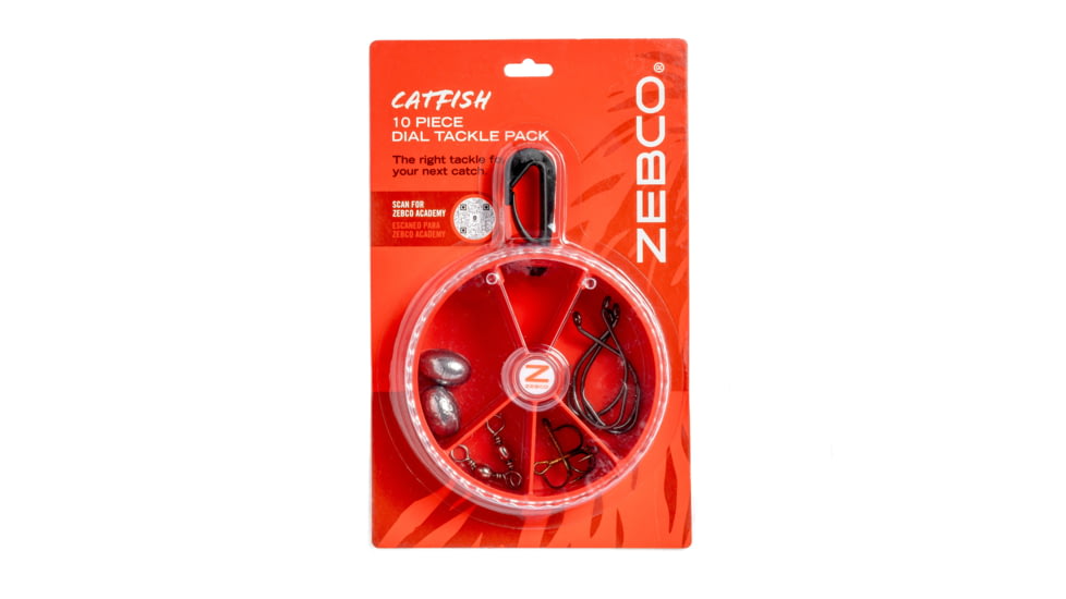 Zebco Catfish Fishing Tackle Dial Pack, 10 Total Pieces, Hooks, Sinkers, Swivels, Treble Hooks, 360-Degree Rotating Carabiner, Rotating Locking Clear Plastic Lid, Red, ZCTFSHDIALPACK.CP4