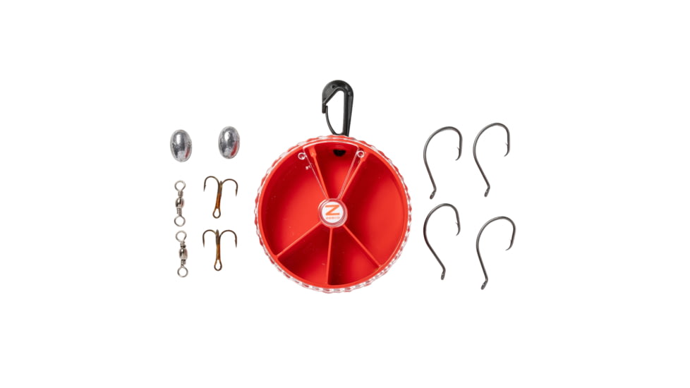 Zebco Catfish Fishing Tackle Dial Pack, 10 Total Pieces, Hooks, Sinkers, Swivels, Treble Hooks, 360-Degree Rotating Carabiner, Rotating Locking Clear Plastic Lid, Red, ZCTFSHDIALPACK.CP4