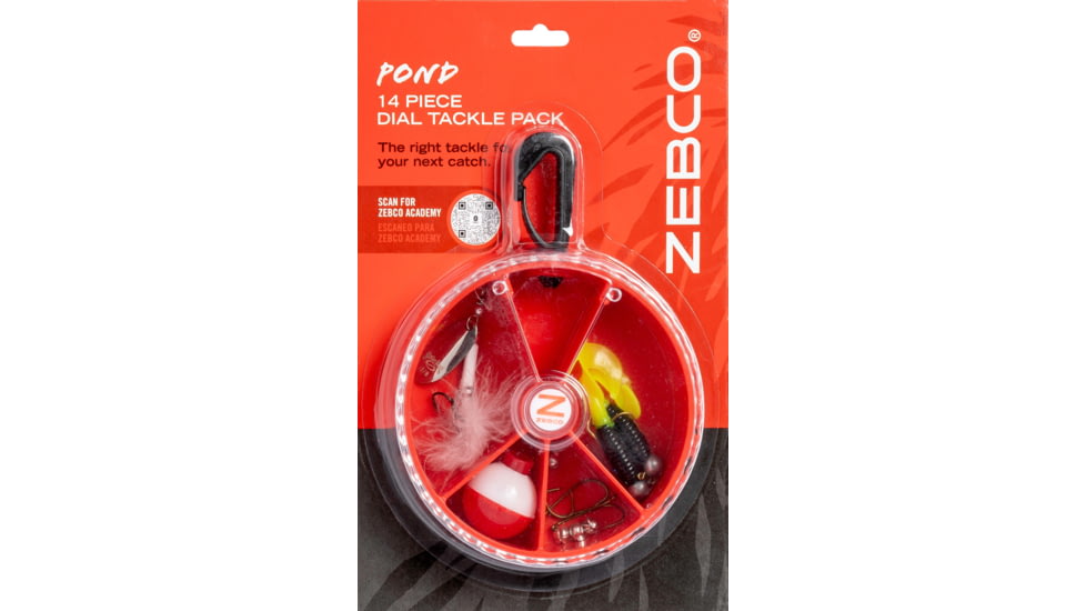 Zebco Pond Fishing Tackle Dial Pack, 14 Pieces, Hooks, Sinkers, Bobber, Jig Heads, Inline Spinner, Paddle Tail Grubs, Rotating Carabiner, Rotating Locking Clear Plastic Lid, Red, ZPONDIALPACK.CP4