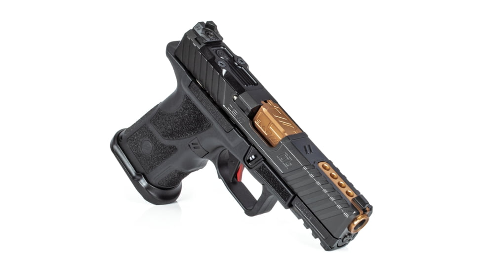 ZEV Technologies OZ9C Elite Hyper-Comp Compact Pistol, Black Polymer Frame, Compensated Bronze Barrel, In, 9mm, Striker Single Action, 15-Round Magazine ZT-OZ9C-CPTHYPBBRZ-FRRMPG