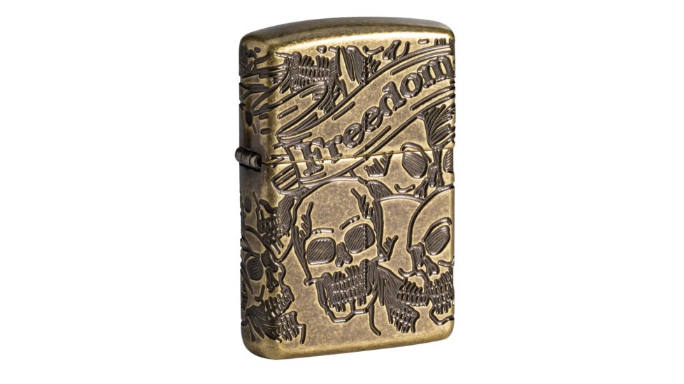 Zippo Armor Freedom Skull Antique Brass Lighter w/ Click, Brass, One Size, 490351909KJHFa777