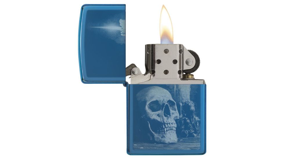 Zippo High Polish Blue Skull Design Pocket Lighter w/ Box 29704