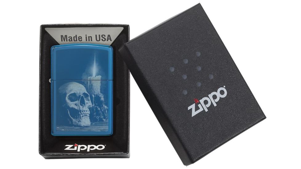 Zippo High Polish Blue Skull Design Pocket Lighter w/ Box 29704