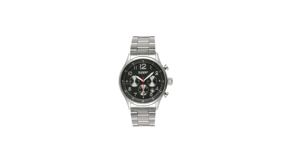 Zippo Sport Brushed Stainless Steel Chronograph Watch, Black Dial &amp; Solid Stainless Steel Band 45001