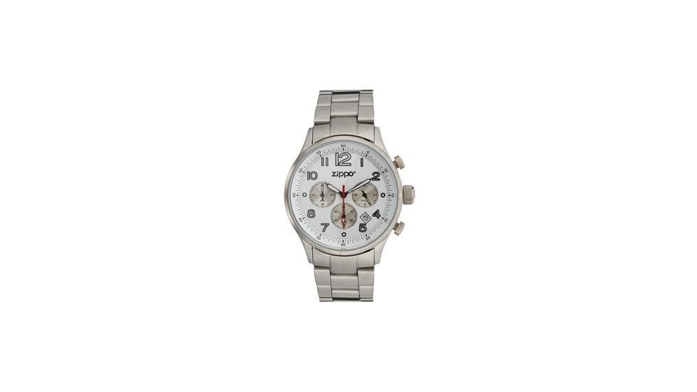 Zippo Sport Brushed Stainless Steel Chronograph Watch, White Dial &amp; Solid Stainless Steel Band 45000
