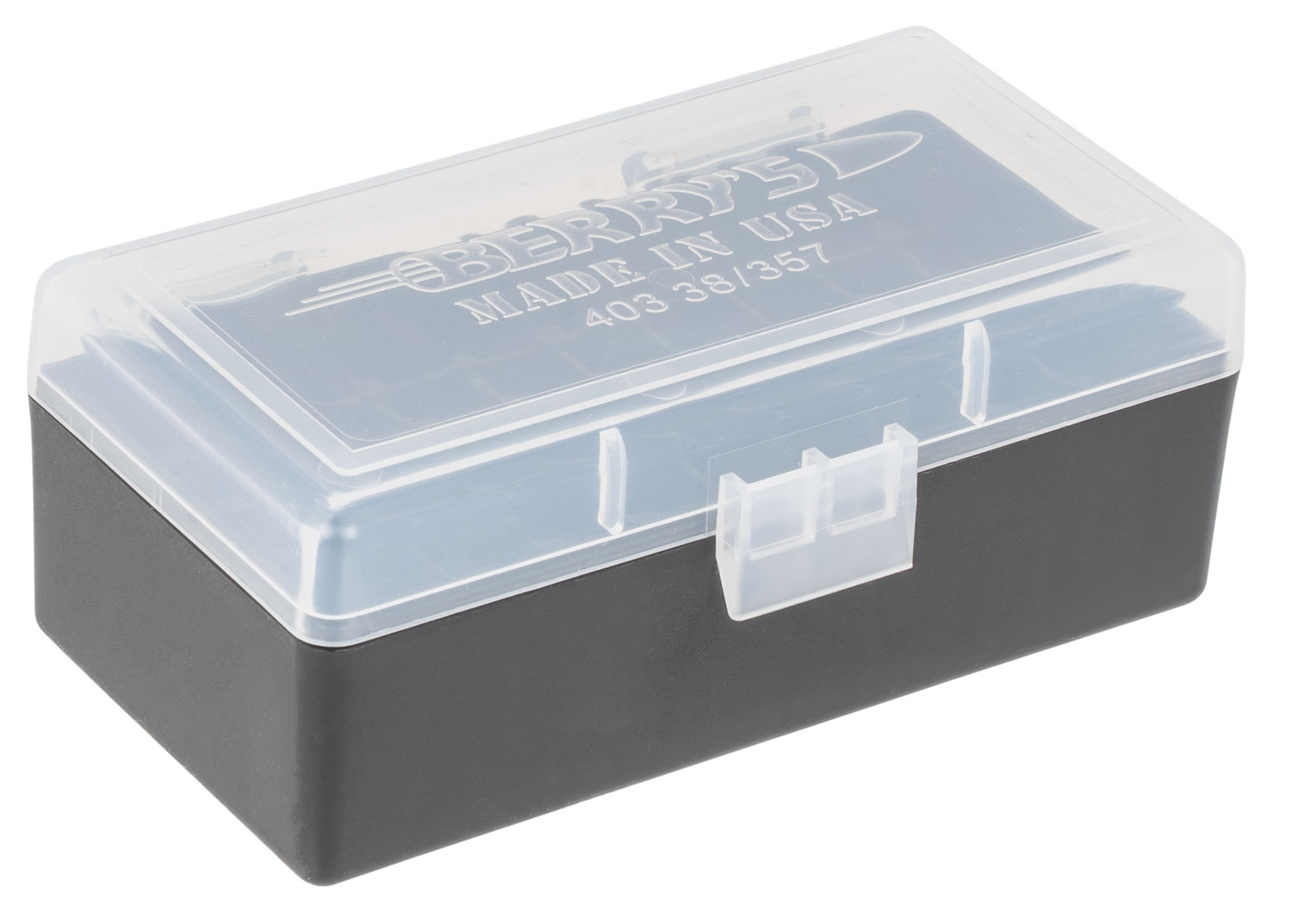 thumbnail image 2 of Berry's 38/357 Ammo Boxes – 100-Round Plastic Holder (Clear/Black) – Buy 3 Get 1 Free – Made In USA 2 of 2
